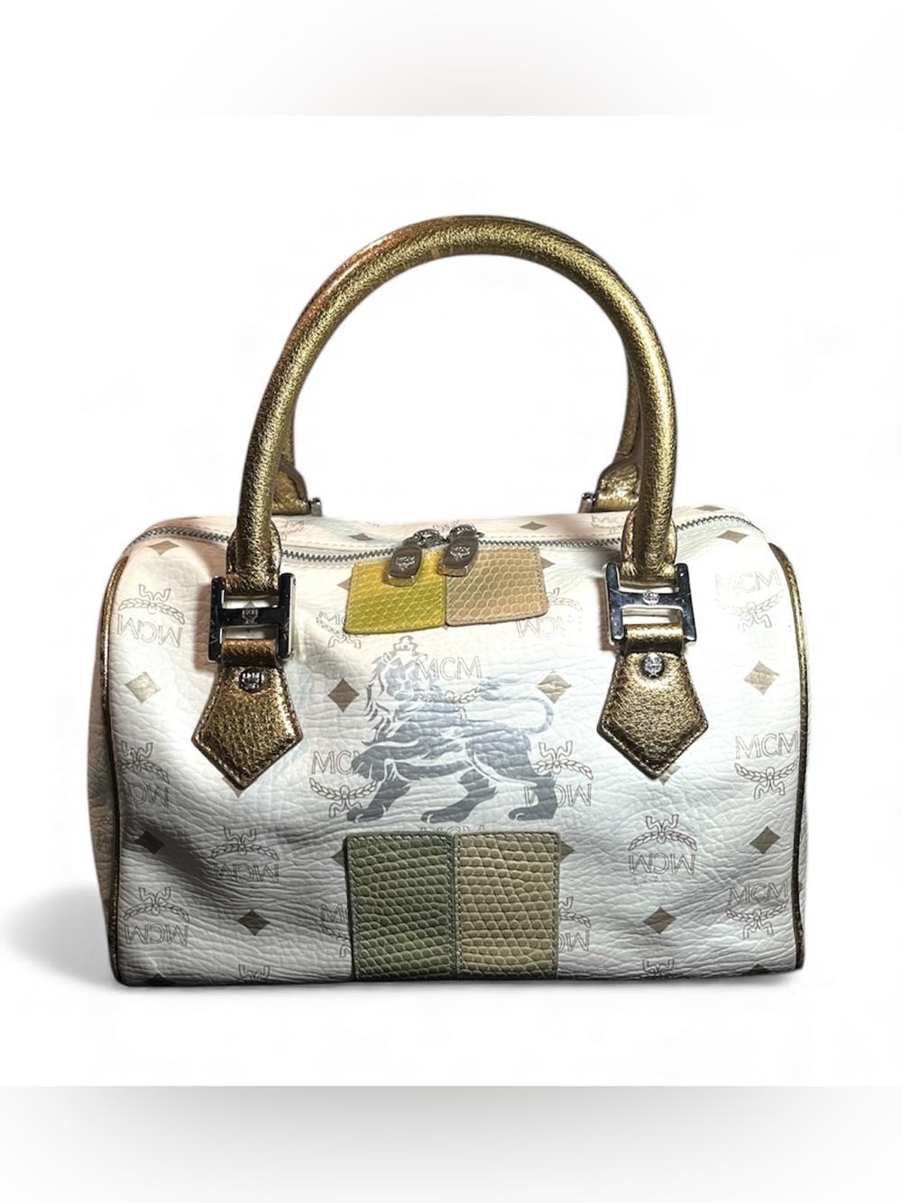 MCM Princess Lion Satchel H0501 White Visetos Bronze Python Trim